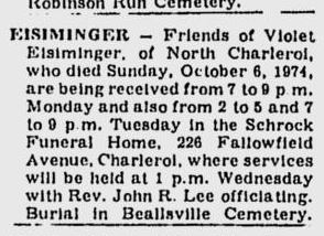 Violet Eisiminger obit